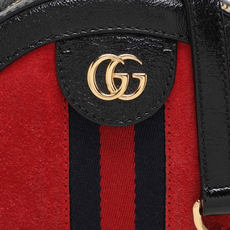 Pre Owned Gucci Black/Red Suede and Patent Mini Ophidia Round Bag