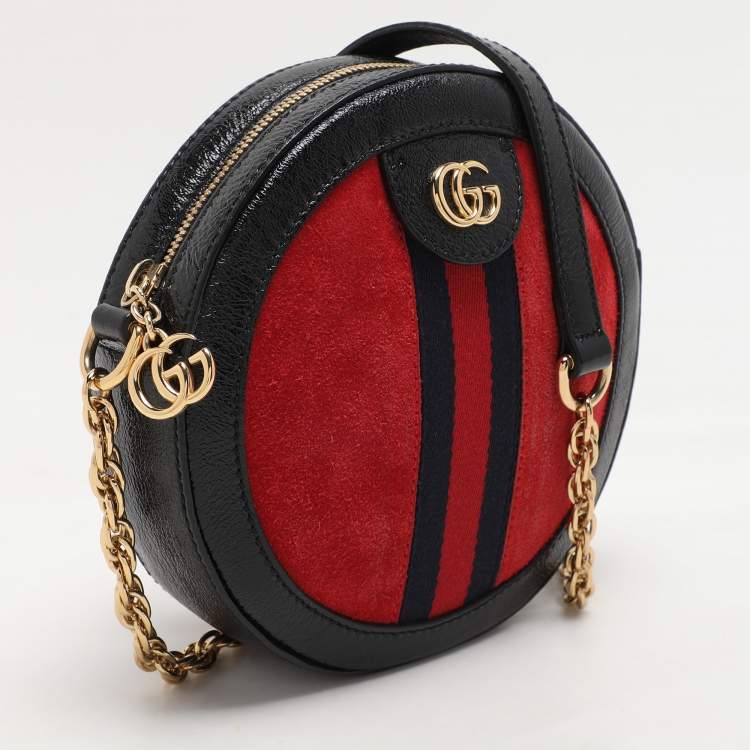 Pre Owned Gucci Black/Red Suede and Patent Mini Ophidia Round Bag