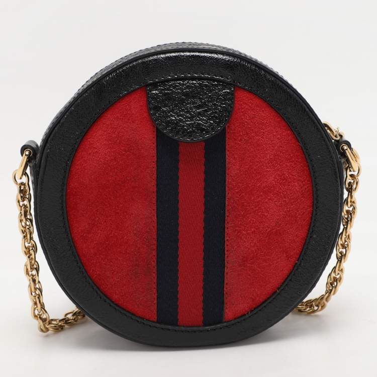 Pre Owned Gucci Black/Red Suede and Patent Mini Ophidia Round Bag