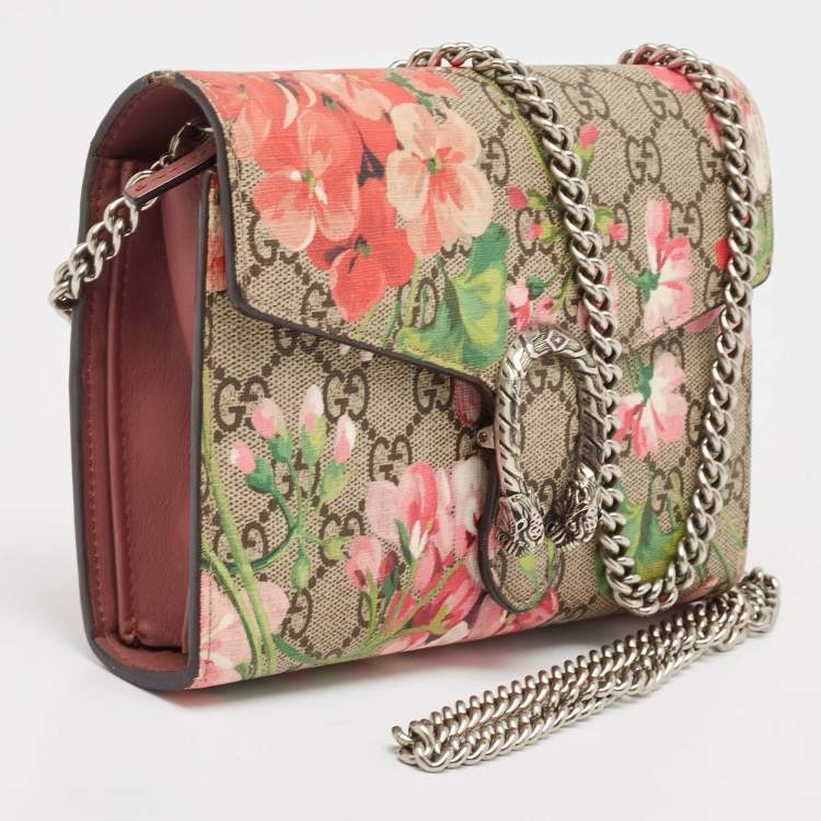 Pre Owned Gucci Pink/Beige GG Supreme Canvas and Suede Mini Blooms Dionysus Shoulder Bag