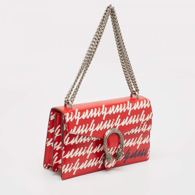 Pre Owned Gucci Red/White Printed Leather Small Dionysus Shoulder Bag