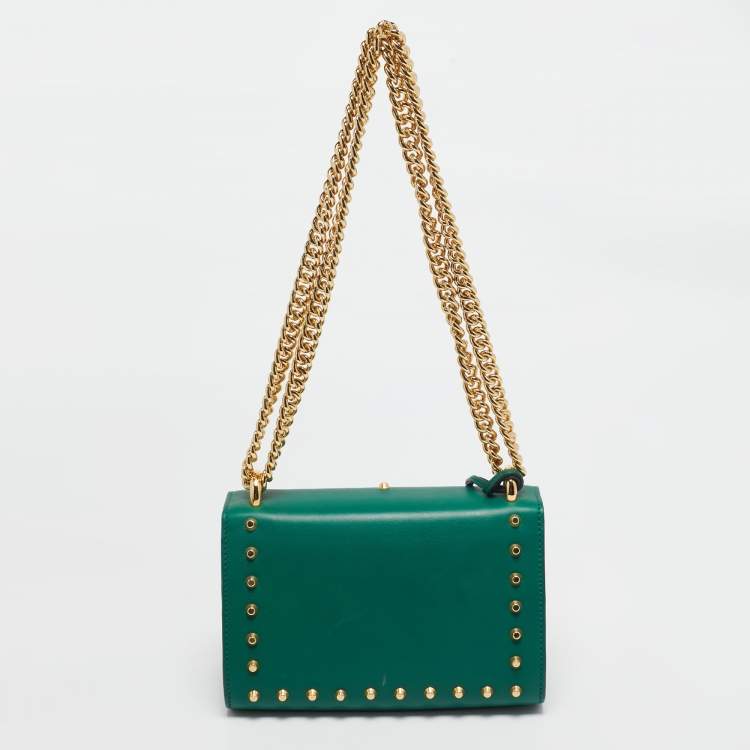 Pre Owned Gucci Green Leather Small Pearl Studded Padlock Shoulder Bag