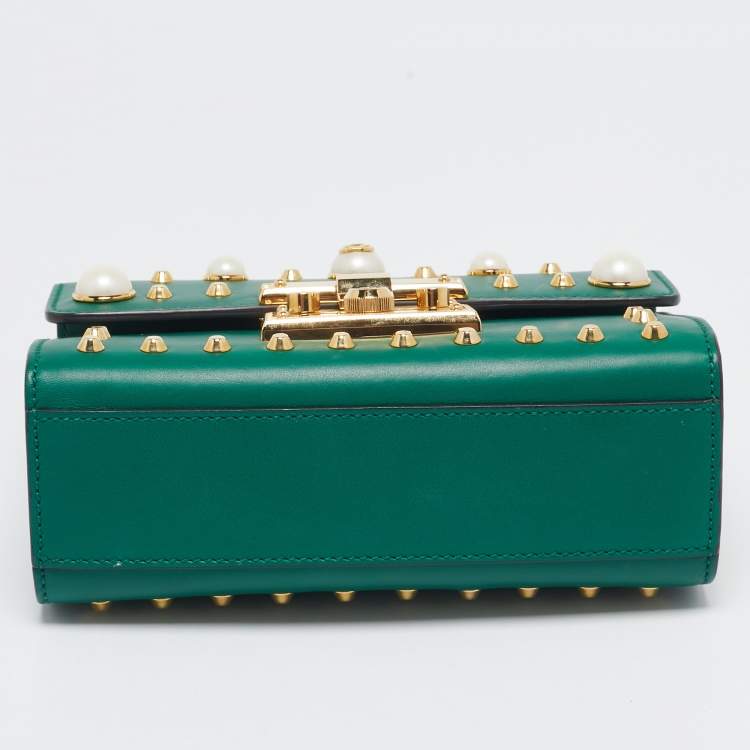 Pre Owned Gucci Green Leather Small Pearl Studded Padlock Shoulder Bag