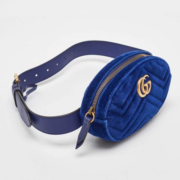 Pre Owned Gucci Blue Matelassé Velvet GG Marmont Belt Bag