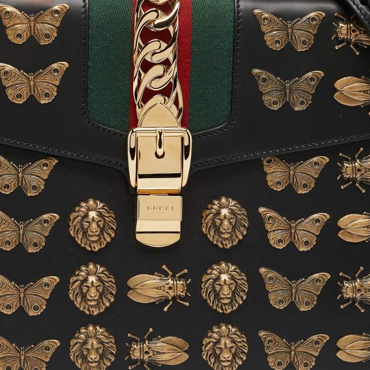 Pre Owned Gucci Black Leather Medium Animal Studs Sylvie Top Handle Bag
