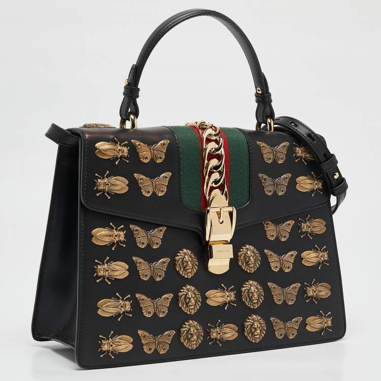 Pre Owned Gucci Black Leather Medium Animal Studs Sylvie Top Handle Bag
