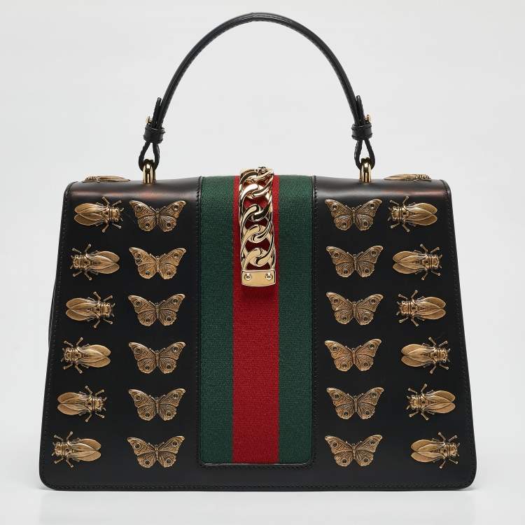 Pre Owned Gucci Black Leather Medium Animal Studs Sylvie Top Handle Bag