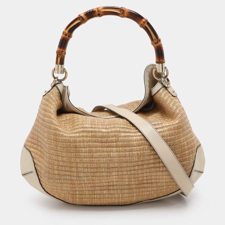 Pre Owned Gucci Beige/Cream Leather and Straw Peggy Hobo