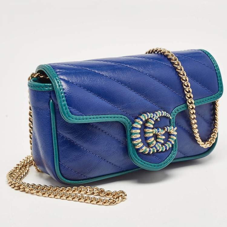 Pre Owned Gucci Blue/Green Diagonal Quilt Leather Super Mini GG Marmont Torchon Shoulder Bag