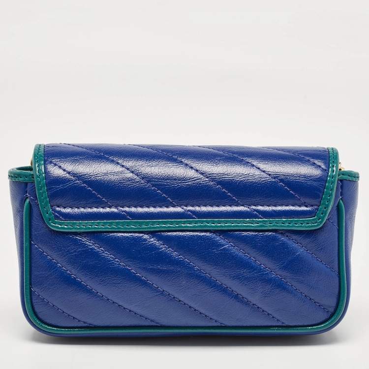 Pre Owned Gucci Blue/Green Diagonal Quilt Leather Super Mini GG Marmont Torchon Shoulder Bag