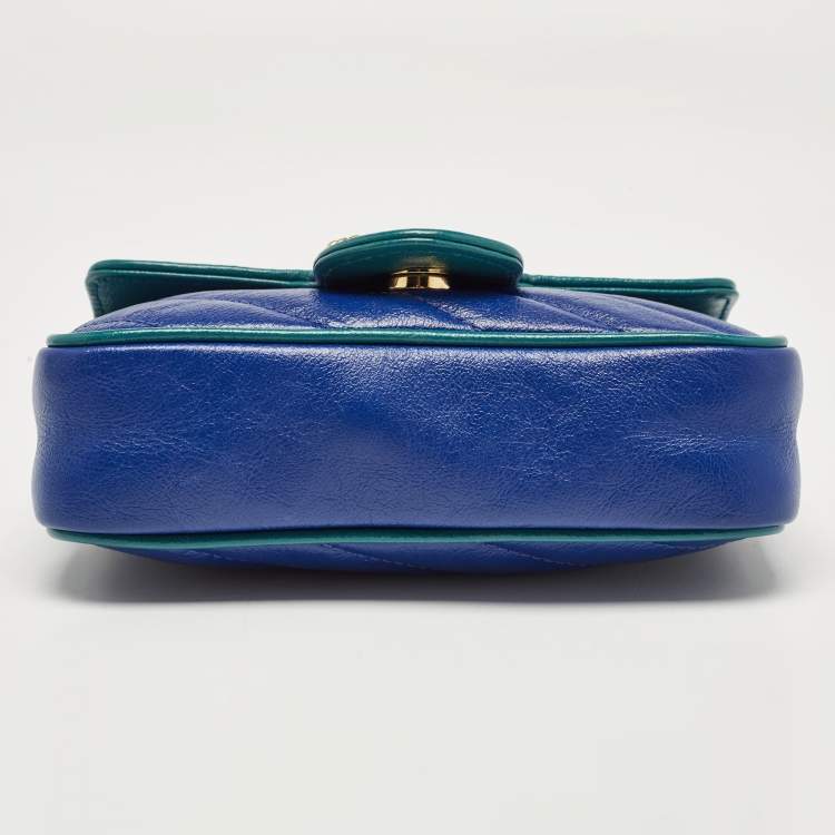 Pre Owned Gucci Blue/Green Diagonal Quilt Leather Super Mini GG Marmont Torchon Shoulder Bag
