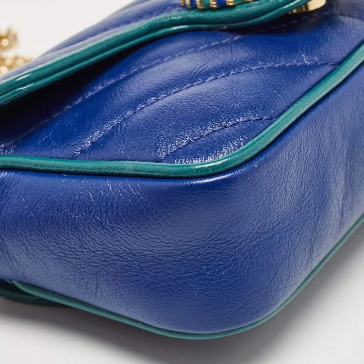Pre Owned Gucci Blue/Green Diagonal Quilt Leather Super Mini GG Marmont Torchon Shoulder Bag