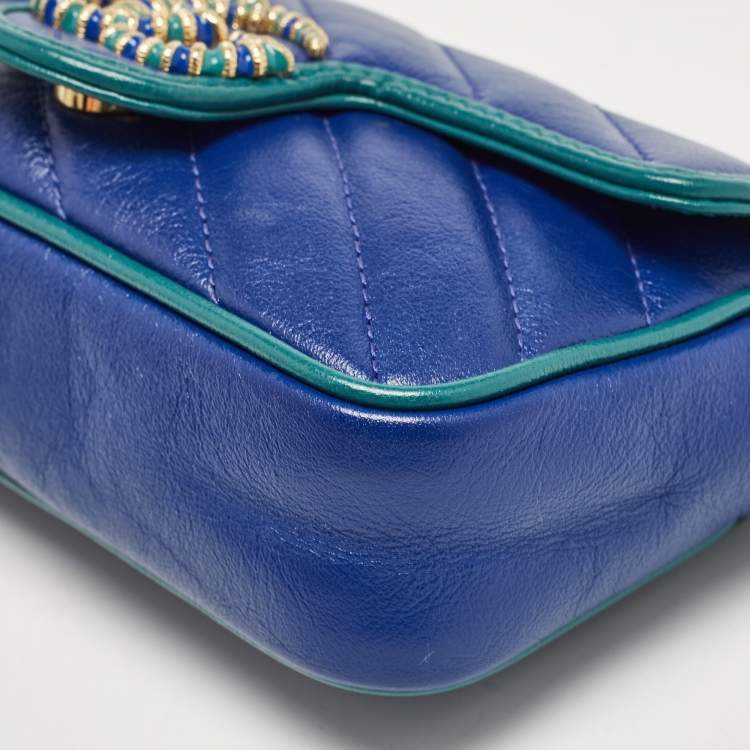 Pre Owned Gucci Blue/Green Diagonal Quilt Leather Super Mini GG Marmont Torchon Shoulder Bag