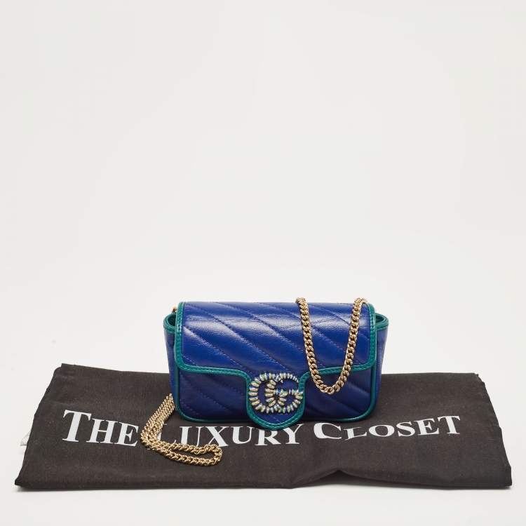 Pre Owned Gucci Blue/Green Diagonal Quilt Leather Super Mini GG Marmont Torchon Shoulder Bag