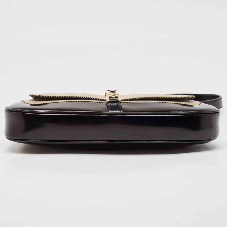 Pre Owned Gucci Black/Beige Canvas and Glossy Leather Jackie Bardot Shoulder Bag