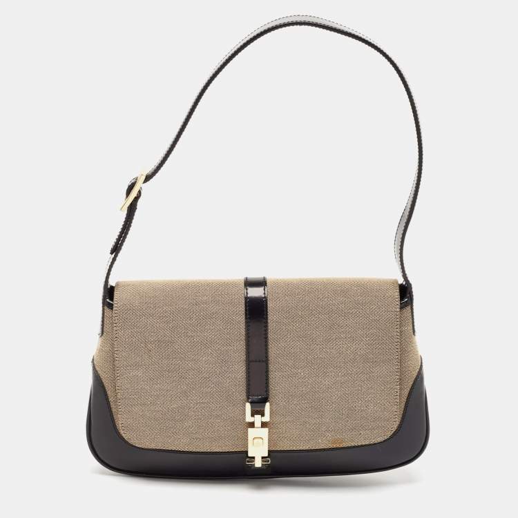Pre Owned Gucci Black/Beige Canvas and Glossy Leather Jackie Bardot Shoulder Bag