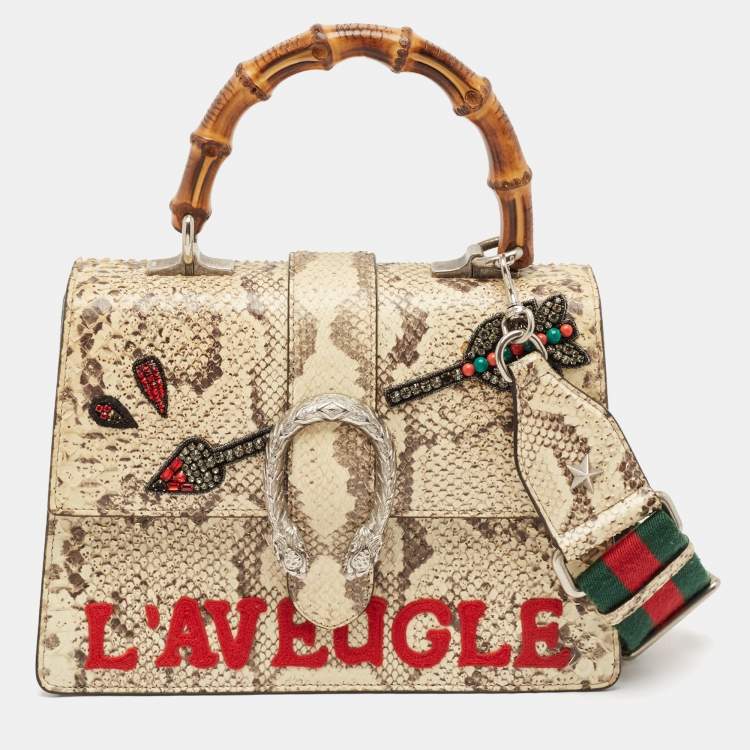 Pre Owned Gucci Cream Python Medium Dionysus Bamboo Top Handle Bag