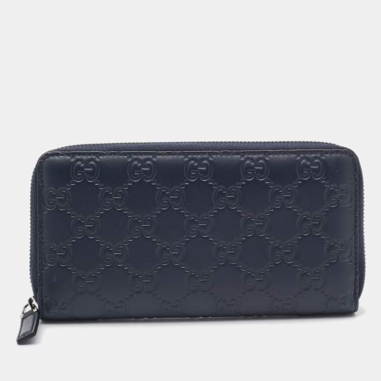 Pre Owned Gucci Navy Blue Guccissima Leather Zip Around Organizer Wallet