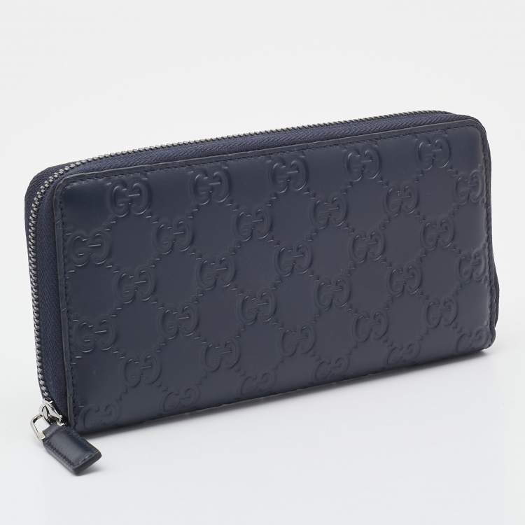 Pre Owned Gucci Navy Blue Guccissima Leather Zip Around Organizer Wallet