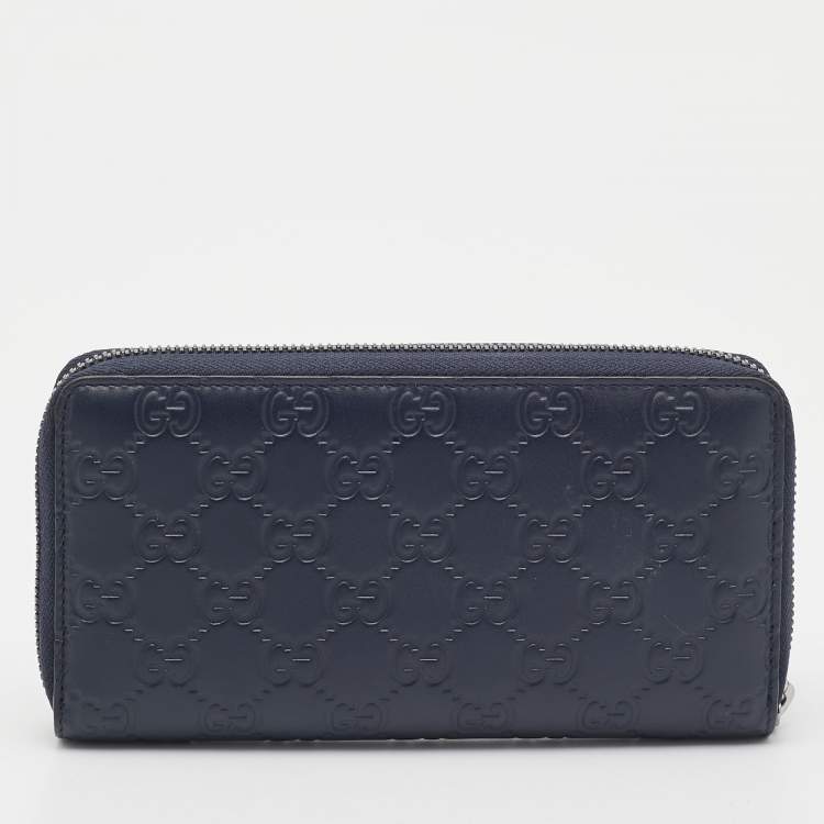 Pre Owned Gucci Navy Blue Guccissima Leather Zip Around Organizer Wallet