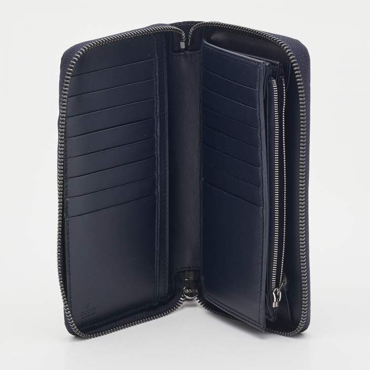 Pre Owned Gucci Navy Blue Guccissima Leather Zip Around Organizer Wallet