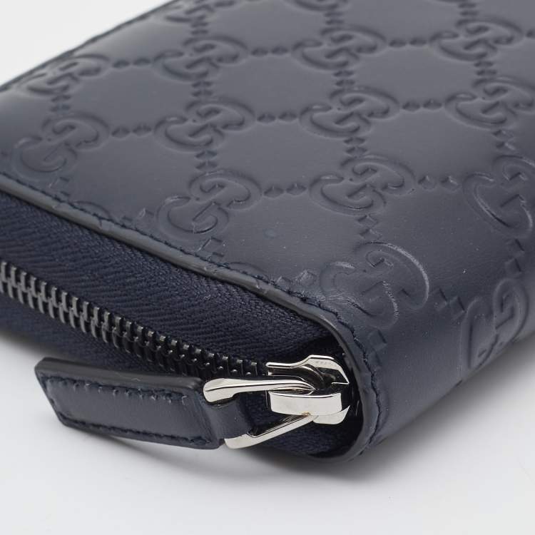 Pre Owned Gucci Navy Blue Guccissima Leather Zip Around Organizer Wallet