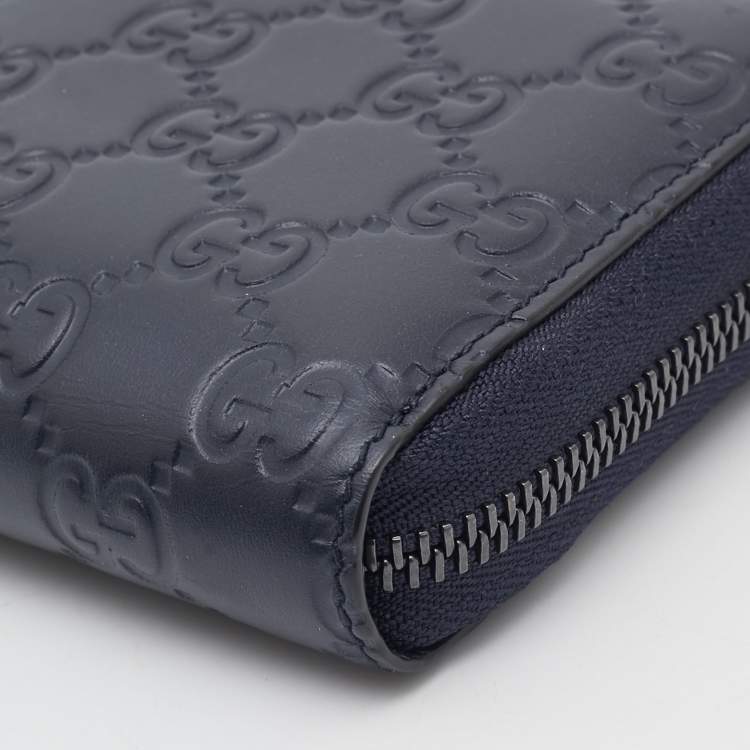 Pre Owned Gucci Navy Blue Guccissima Leather Zip Around Organizer Wallet