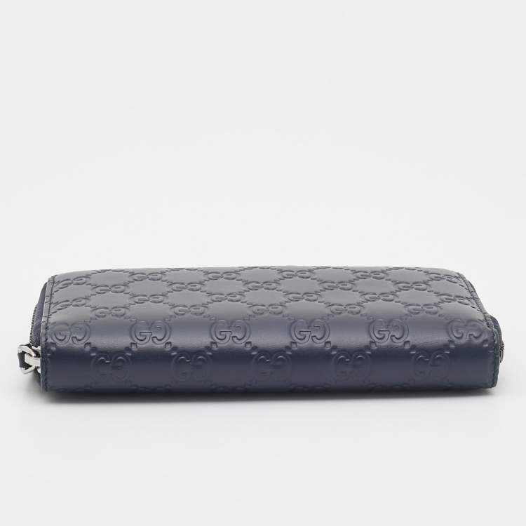 Pre Owned Gucci Navy Blue Guccissima Leather Zip Around Organizer Wallet