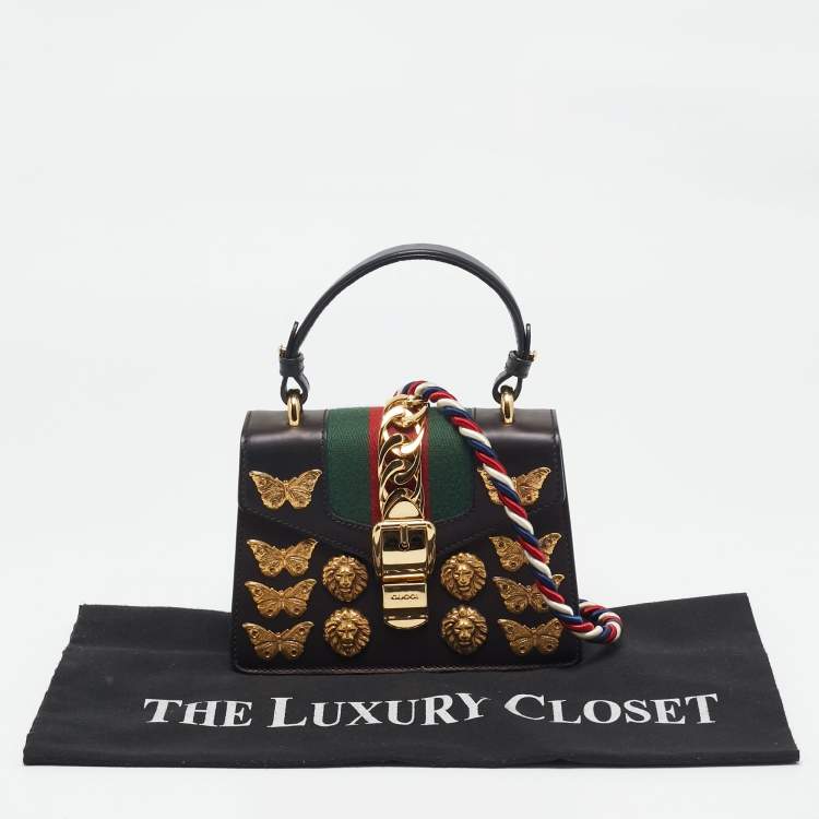 Pre Owned Gucci Black Leather Mini Animal Sylvie Top Handle Bag