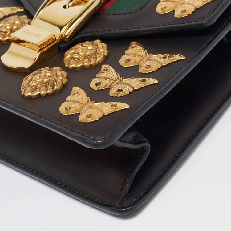 Pre Owned Gucci Black Leather Mini Animal Sylvie Top Handle Bag