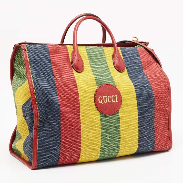 Pre Owned Gucci Multicolor Canvas and Leather Logo Stripe Tote