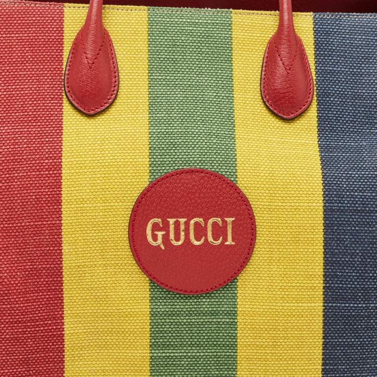 Pre Owned Gucci Multicolor Canvas and Leather Logo Stripe Tote