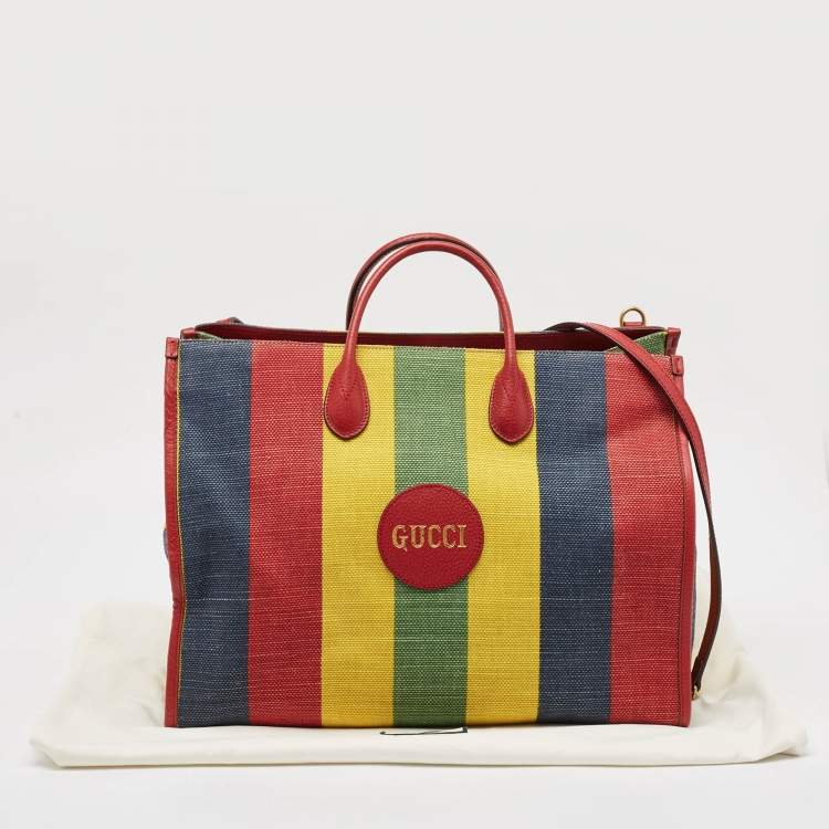 Pre Owned Gucci Multicolor Canvas and Leather Logo Stripe Tote
