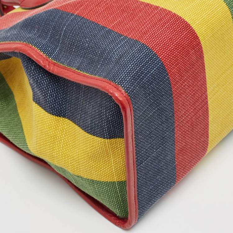 Pre Owned Gucci Multicolor Canvas and Leather Logo Stripe Tote