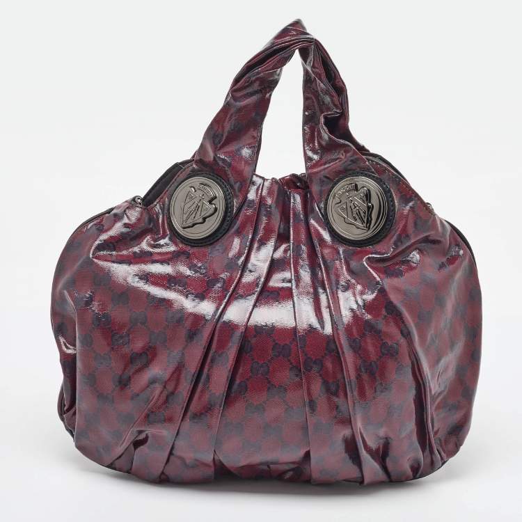Pre Owned Gucci Burgundy/Black GG Crystal Canvas and Leather Hysteria Hobo