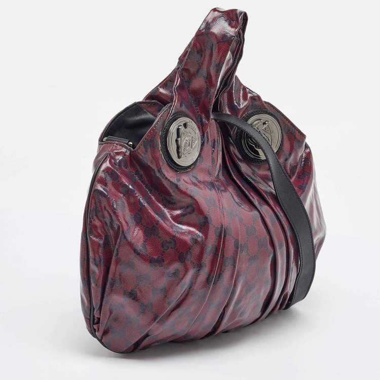Pre Owned Gucci Burgundy/Black GG Crystal Canvas and Leather Hysteria Hobo