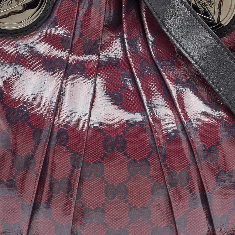 Pre Owned Gucci Burgundy/Black GG Crystal Canvas and Leather Hysteria Hobo