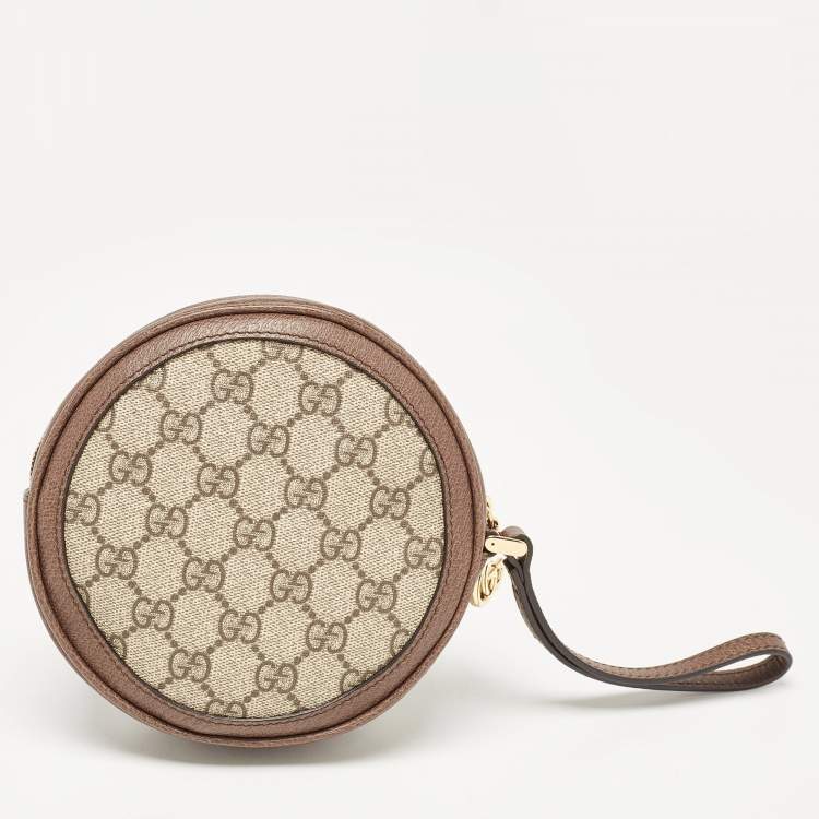 Pre Owned Gucci Beige GG Supreme Canvas and Leather Ophidia Round Wristlet Pouch