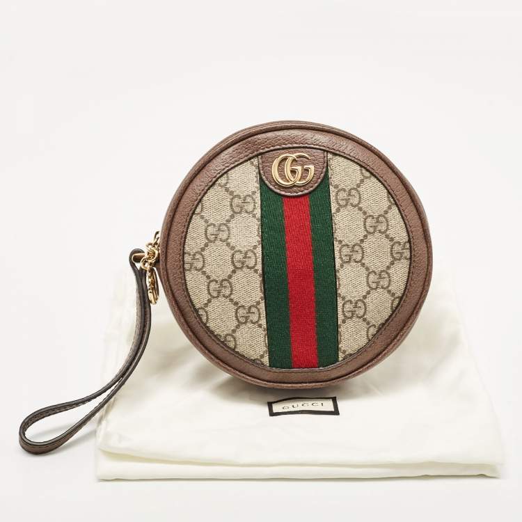 Pre Owned Gucci Beige GG Supreme Canvas and Leather Ophidia Round Wristlet Pouch