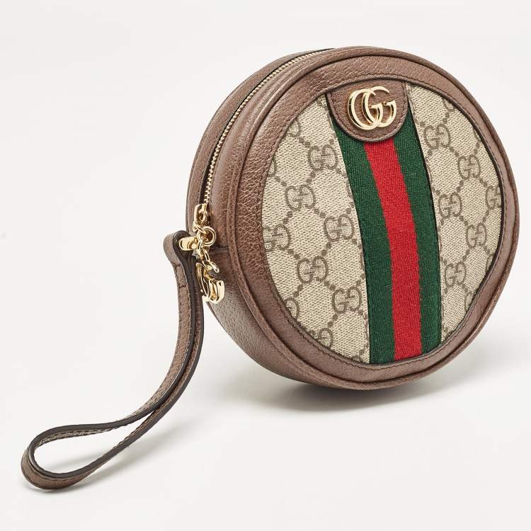 Pre Owned Gucci Beige GG Supreme Canvas and Leather Ophidia Round Wristlet Pouch