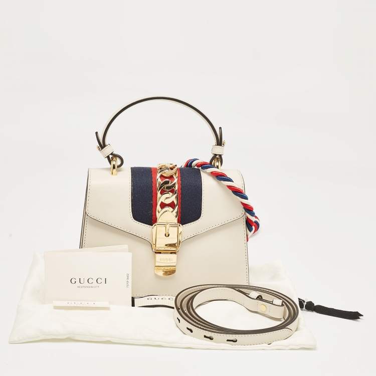 Pre Owned Gucci White Leather Mini Web Chain Sylvie Top Handle Bag