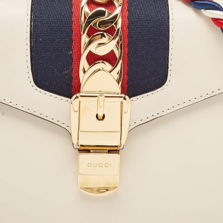 Pre Owned Gucci White Leather Mini Web Chain Sylvie Top Handle Bag