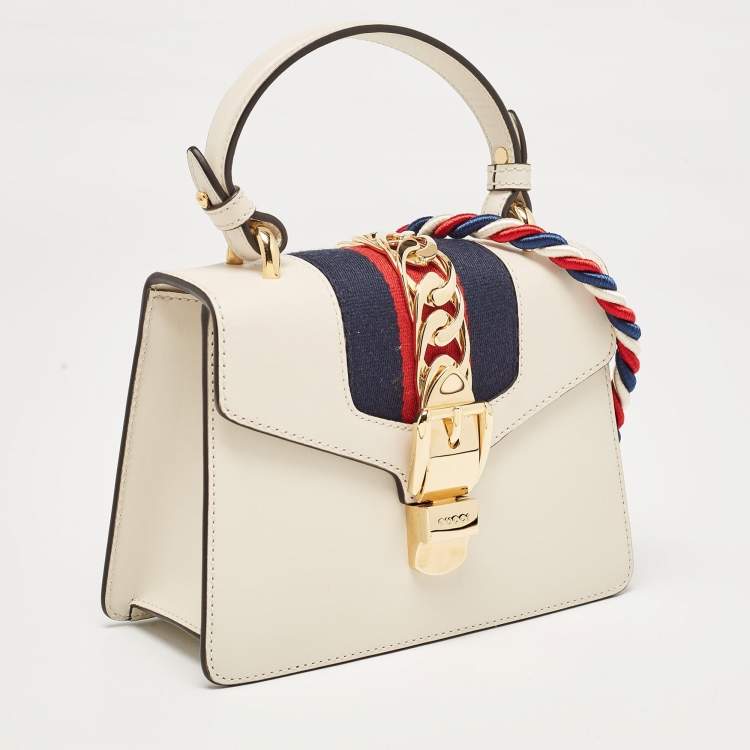 Pre Owned Gucci White Leather Mini Web Chain Sylvie Top Handle Bag