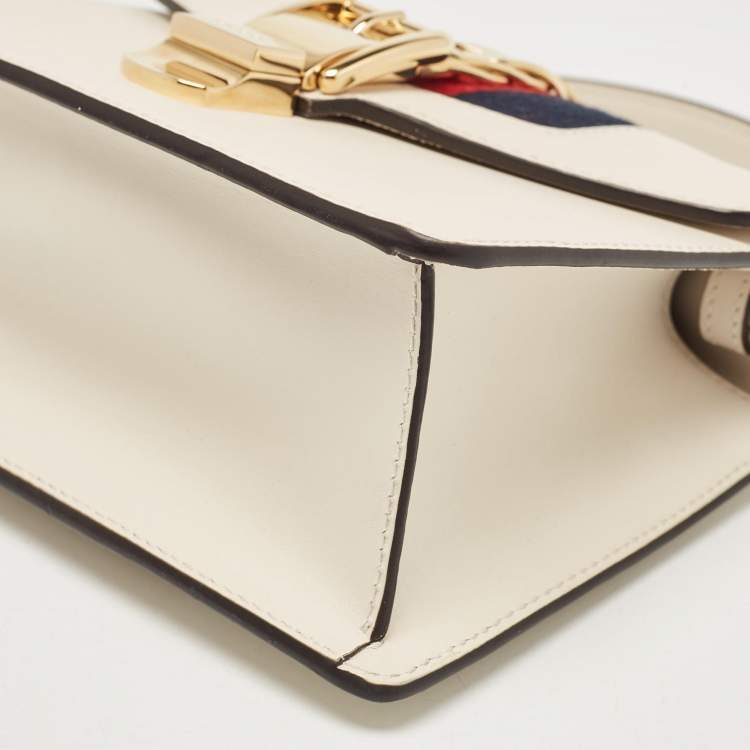Pre Owned Gucci White Leather Mini Web Chain Sylvie Top Handle Bag