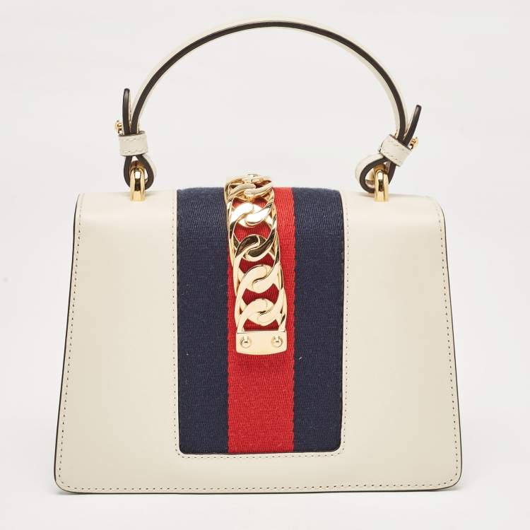 Pre Owned Gucci White Leather Mini Web Chain Sylvie Top Handle Bag