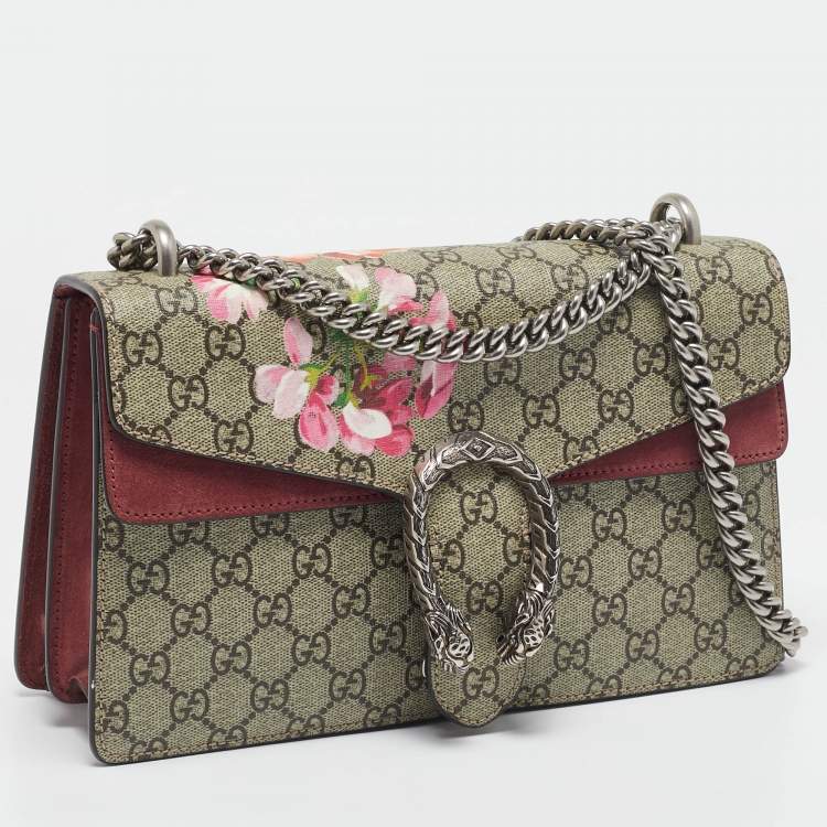 Pre Owned Gucci Old Rose/Beige GG Supreme Canvas and Suede Small Dionysus Blooms Shoulder Bag