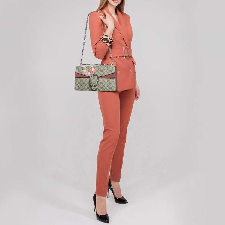 Pre Owned Gucci Old Rose/Beige GG Supreme Canvas and Suede Small Dionysus Blooms Shoulder Bag