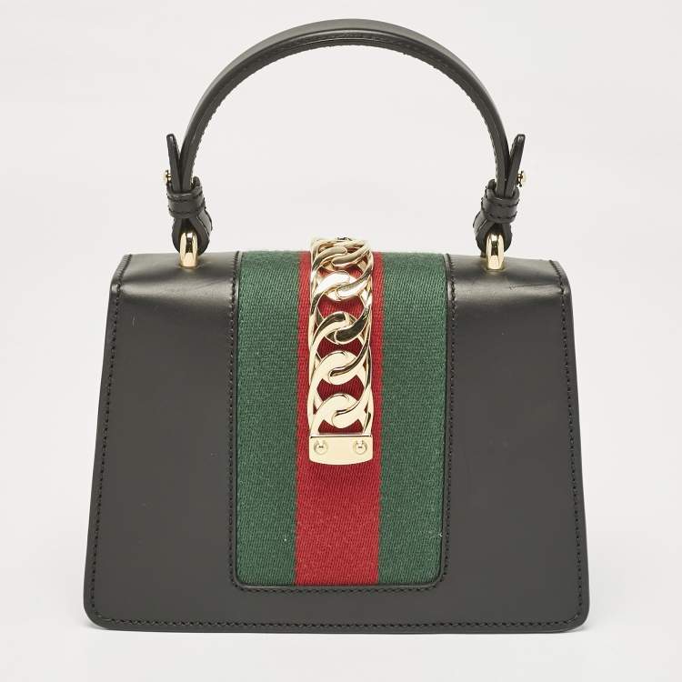 Pre Owned Gucci Black Leather Mini Web Chain Sylvie Top Handle Bag