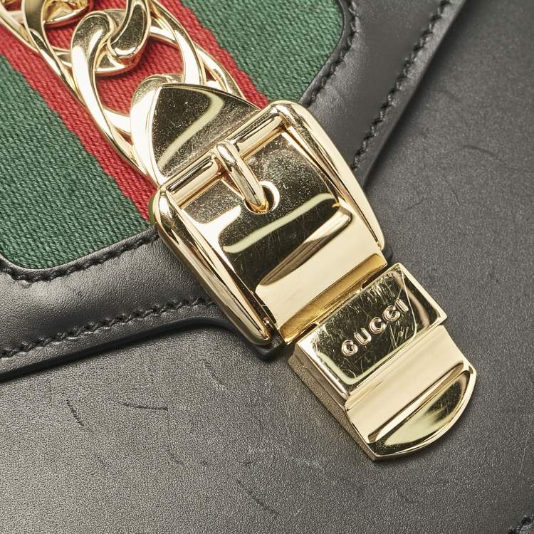 Pre Owned Gucci Black Leather Mini Web Chain Sylvie Top Handle Bag