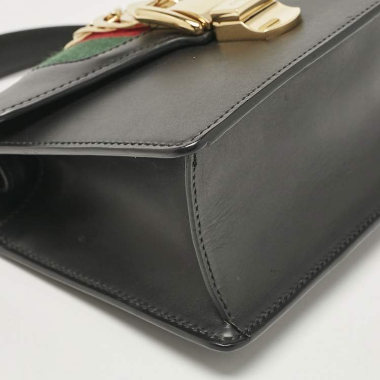 Pre Owned Gucci Black Leather Mini Web Chain Sylvie Top Handle Bag